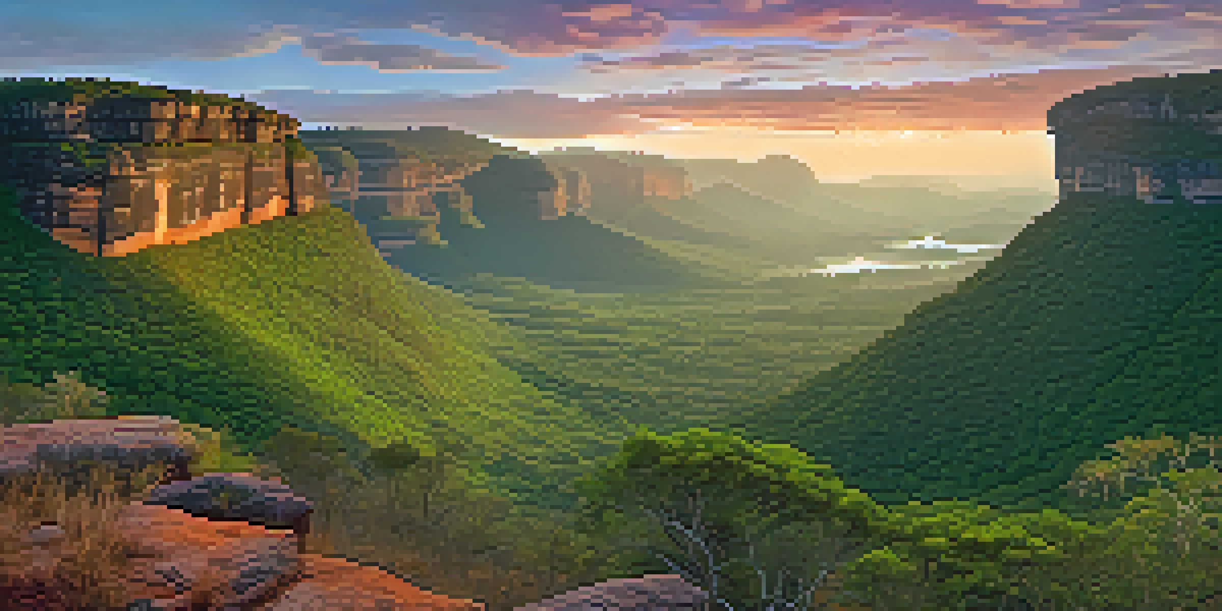 A scenic sunrise view of Chapada Diamantina National Park, featuring dramatic cliffs, lush valleys, and a winding trail.