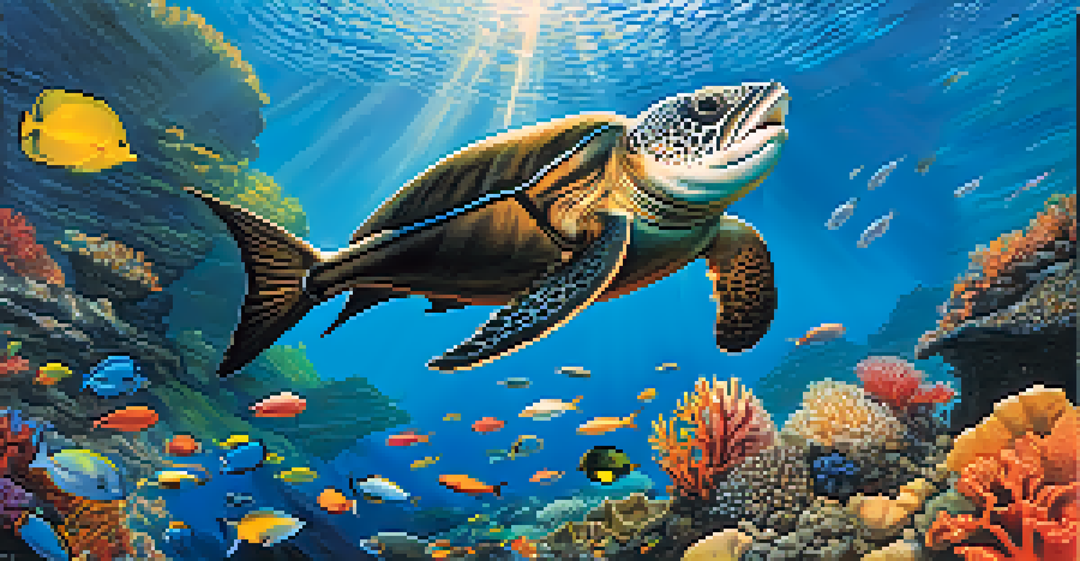 An underwater view of a diver exploring a colorful coral reef in Fernando de Noronha, with fish swimming around.