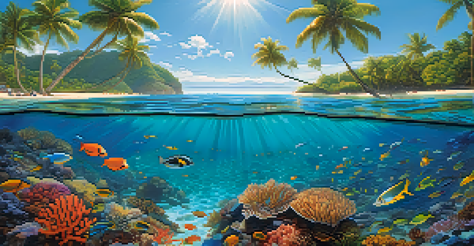 Tourists snorkeling in clear waters of Brazil, surrounded by coral reefs and colorful fish.