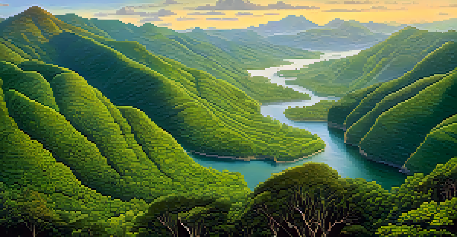 Aerial view of Serra do Mar State Park with rolling hills, rivers, and colorful birds amidst lush forest.