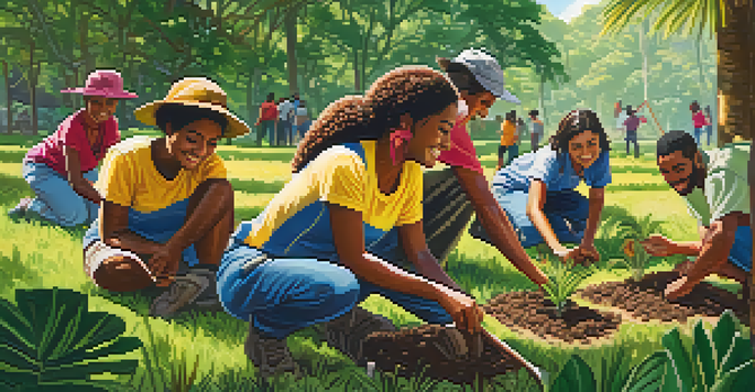 A diverse group of volunteers planting trees in a sunny park, surrounded by greenery and flowers.