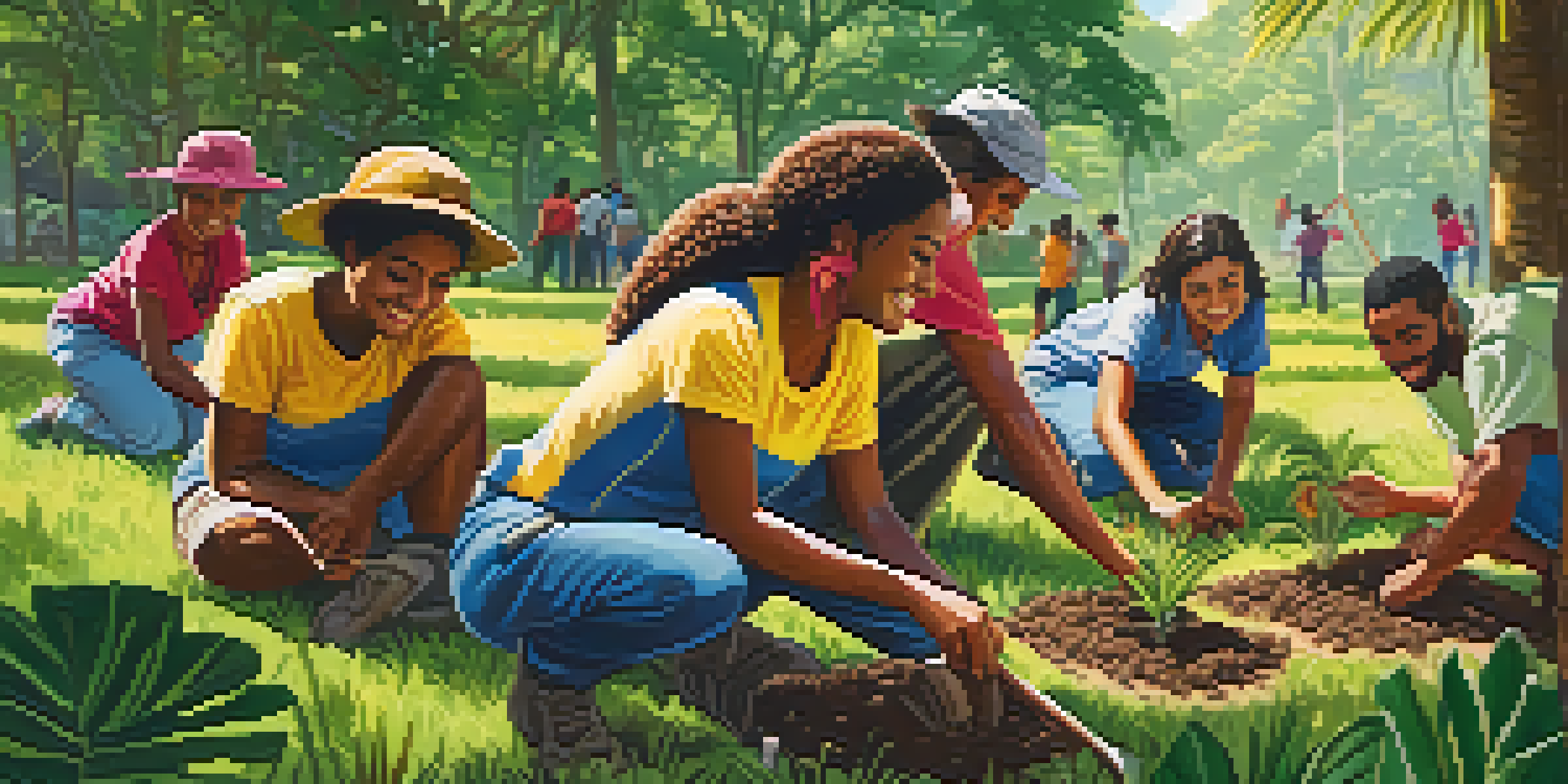 A diverse group of volunteers planting trees in a sunny park, surrounded by greenery and flowers.