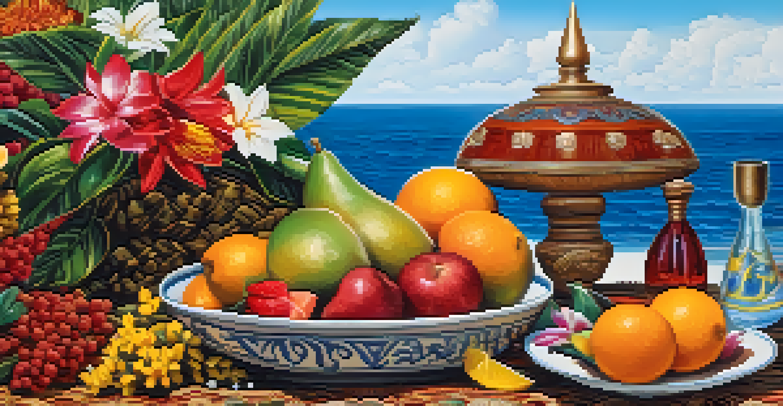 Close-up of colorful offerings for Iemanjá with flowers and fruits, set against the ocean.