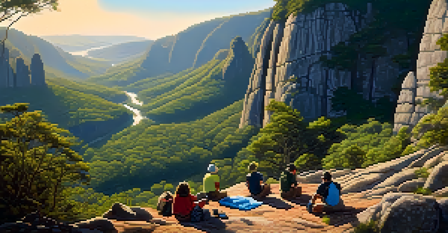Climbers preparing in the serene Serra do Cipó, surrounded by rock formations and forest.