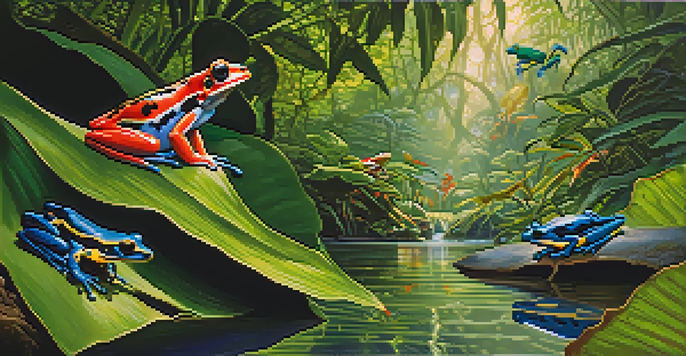 A colorful scene showing various Brazilian amphibians, including poison dart frogs, in the Amazon rainforest with lush green leaves and sunlight filtering through the trees.