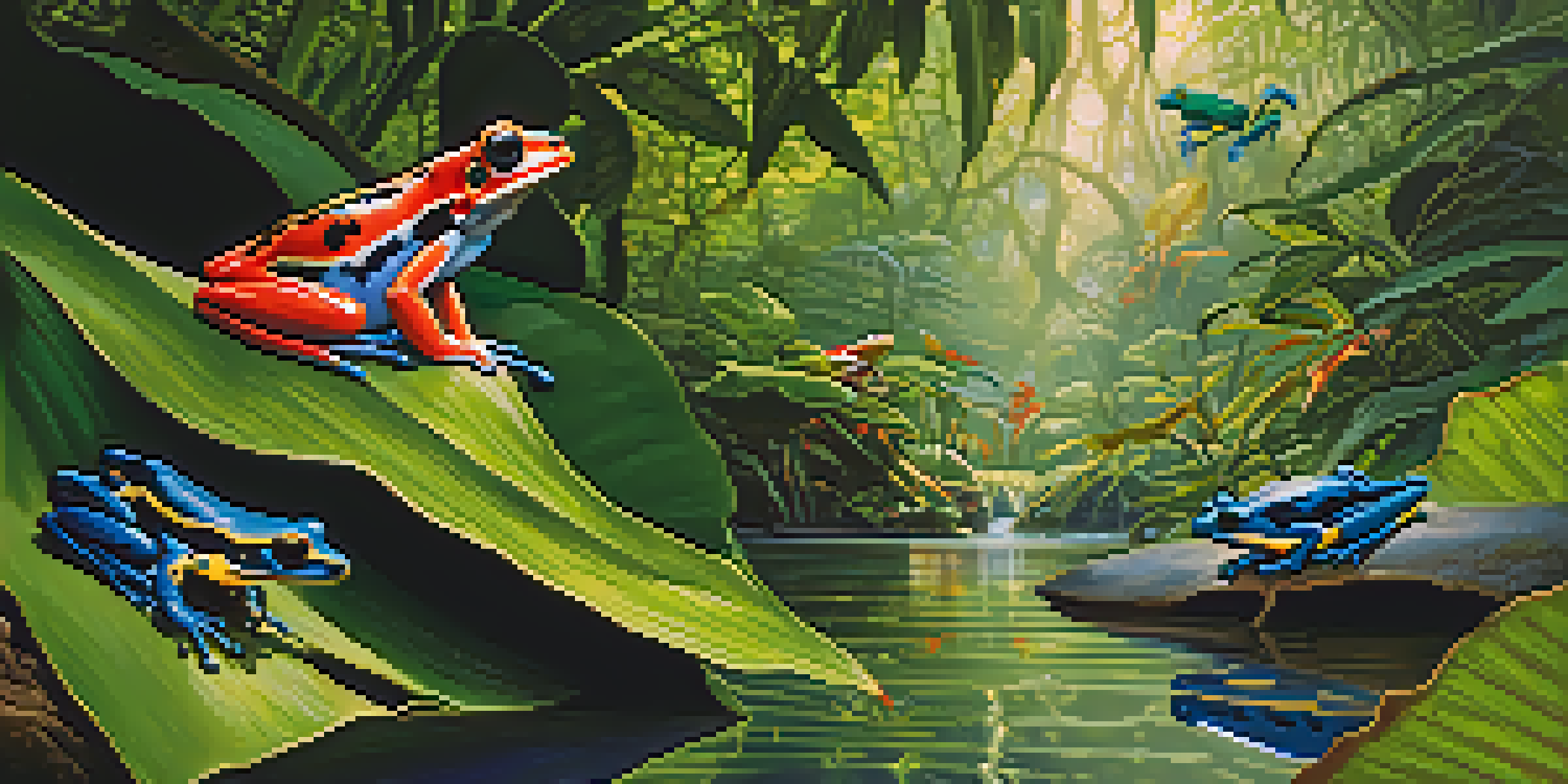 A colorful scene showing various Brazilian amphibians, including poison dart frogs, in the Amazon rainforest with lush green leaves and sunlight filtering through the trees.
