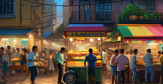 A lively street food market in São Paulo with colorful stalls and people enjoying traditional Brazilian dishes.
