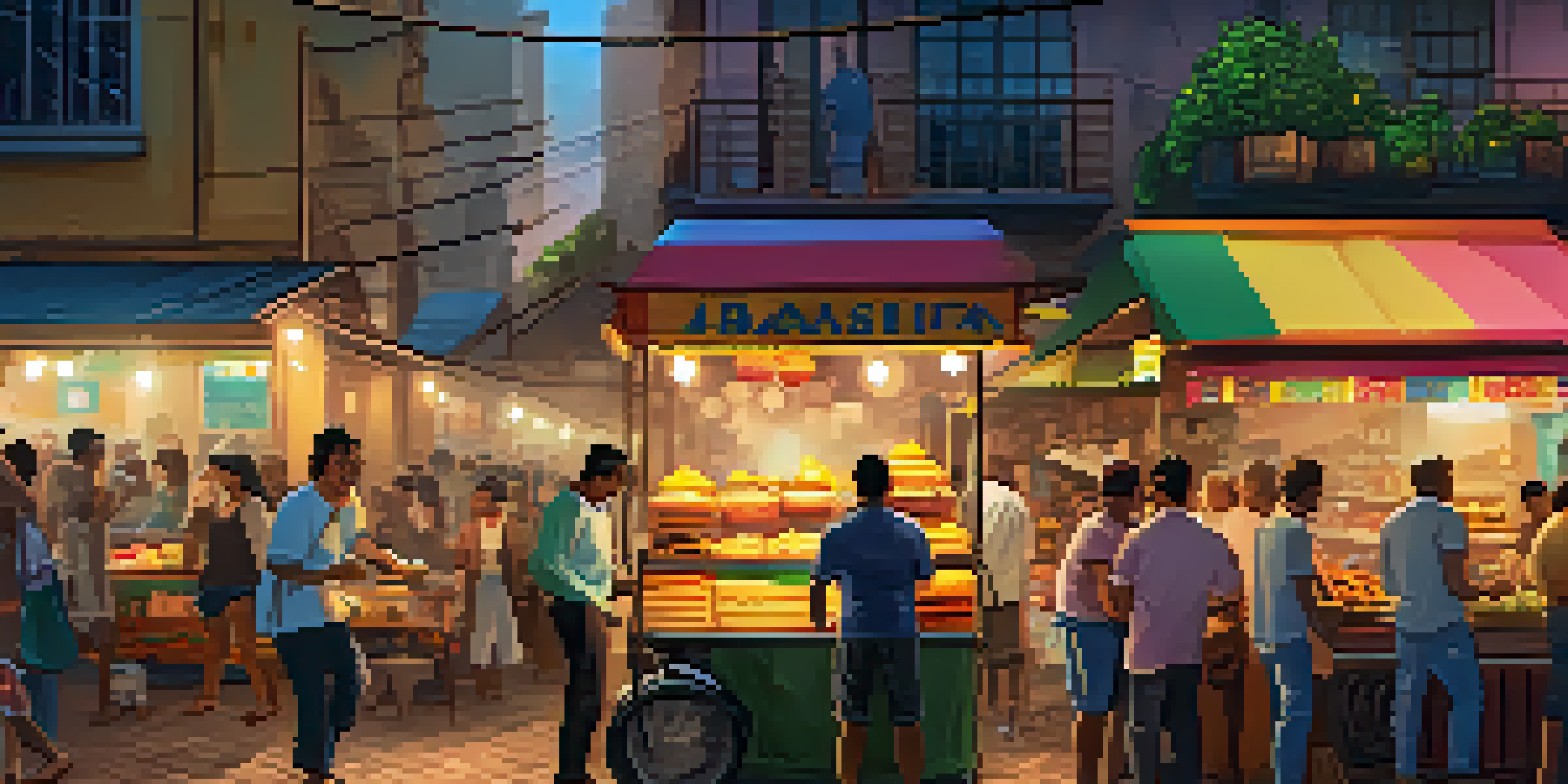 A lively street food market in São Paulo with colorful stalls and people enjoying traditional Brazilian dishes.
