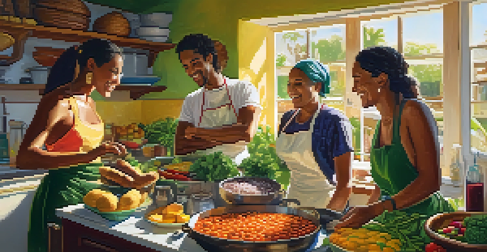A group of friends cooking traditional Brazilian dishes in a colorful kitchen filled with fresh ingredients and sunlight.