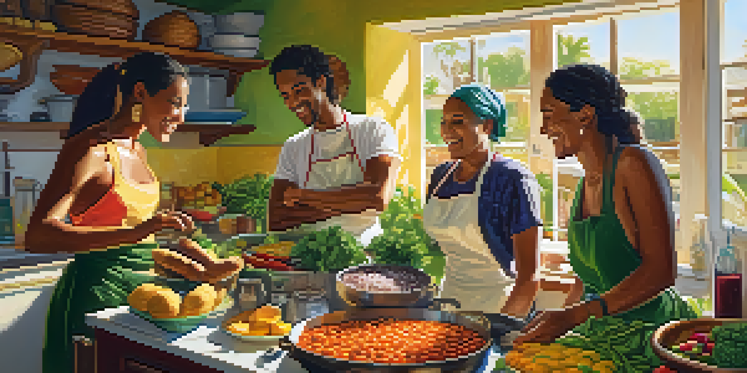 A group of friends cooking traditional Brazilian dishes in a colorful kitchen filled with fresh ingredients and sunlight.