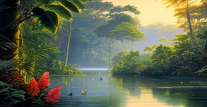 A peaceful Amazon rainforest at dawn, with mist, sunlight filtering through leaves, and colorful flowers, creating a serene atmosphere.