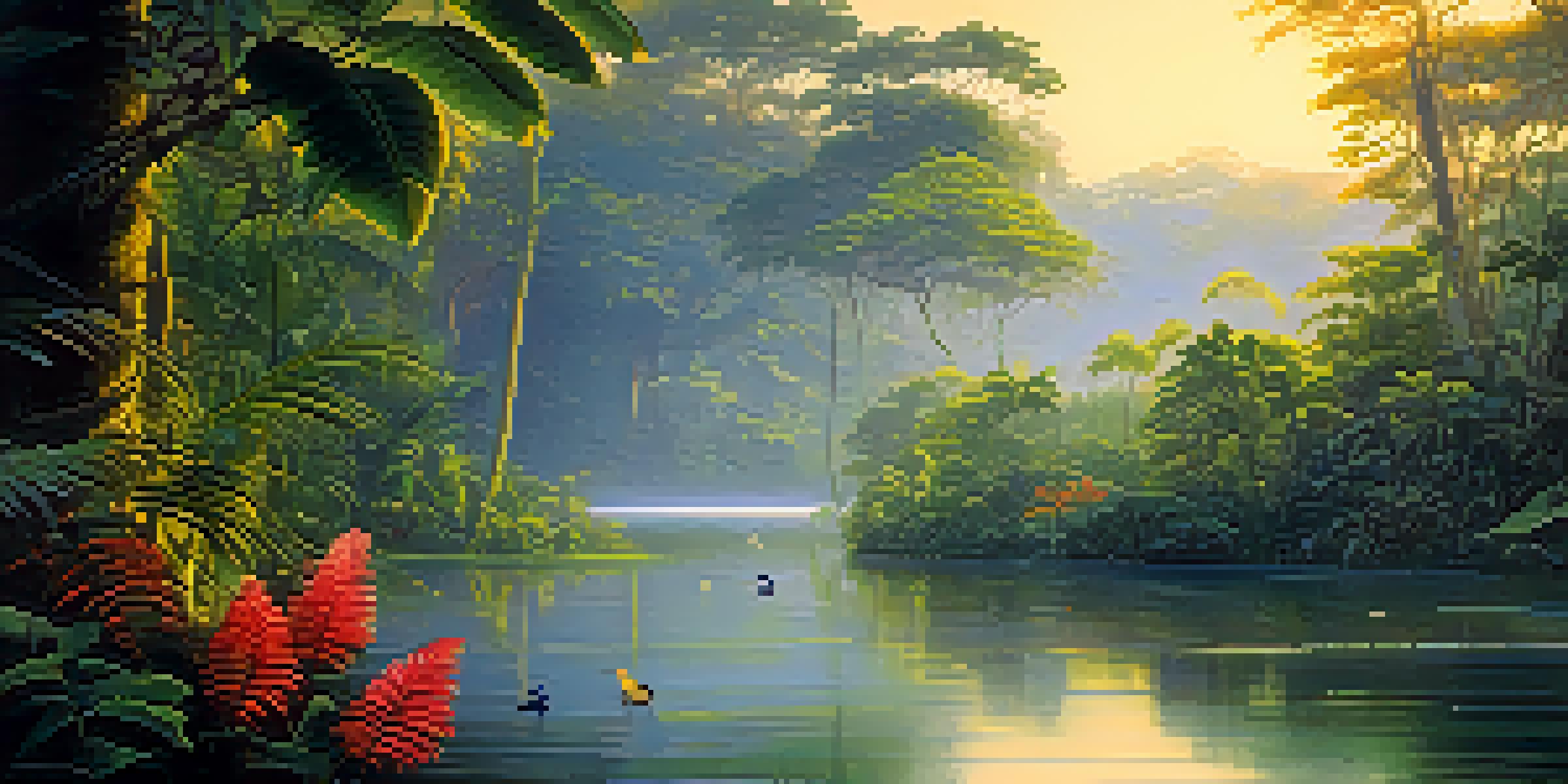 A peaceful Amazon rainforest at dawn, with mist, sunlight filtering through leaves, and colorful flowers, creating a serene atmosphere.