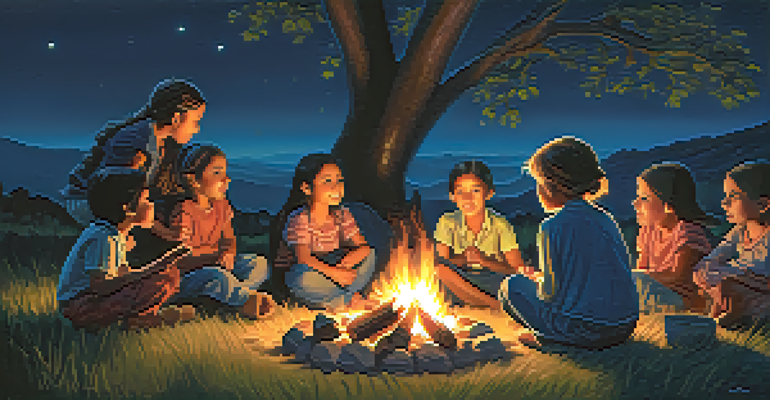 Cuca is telling a story to children around a campfire in a vibrant clearing, capturing the essence of folklore and the interplay of fear and curiosity.
