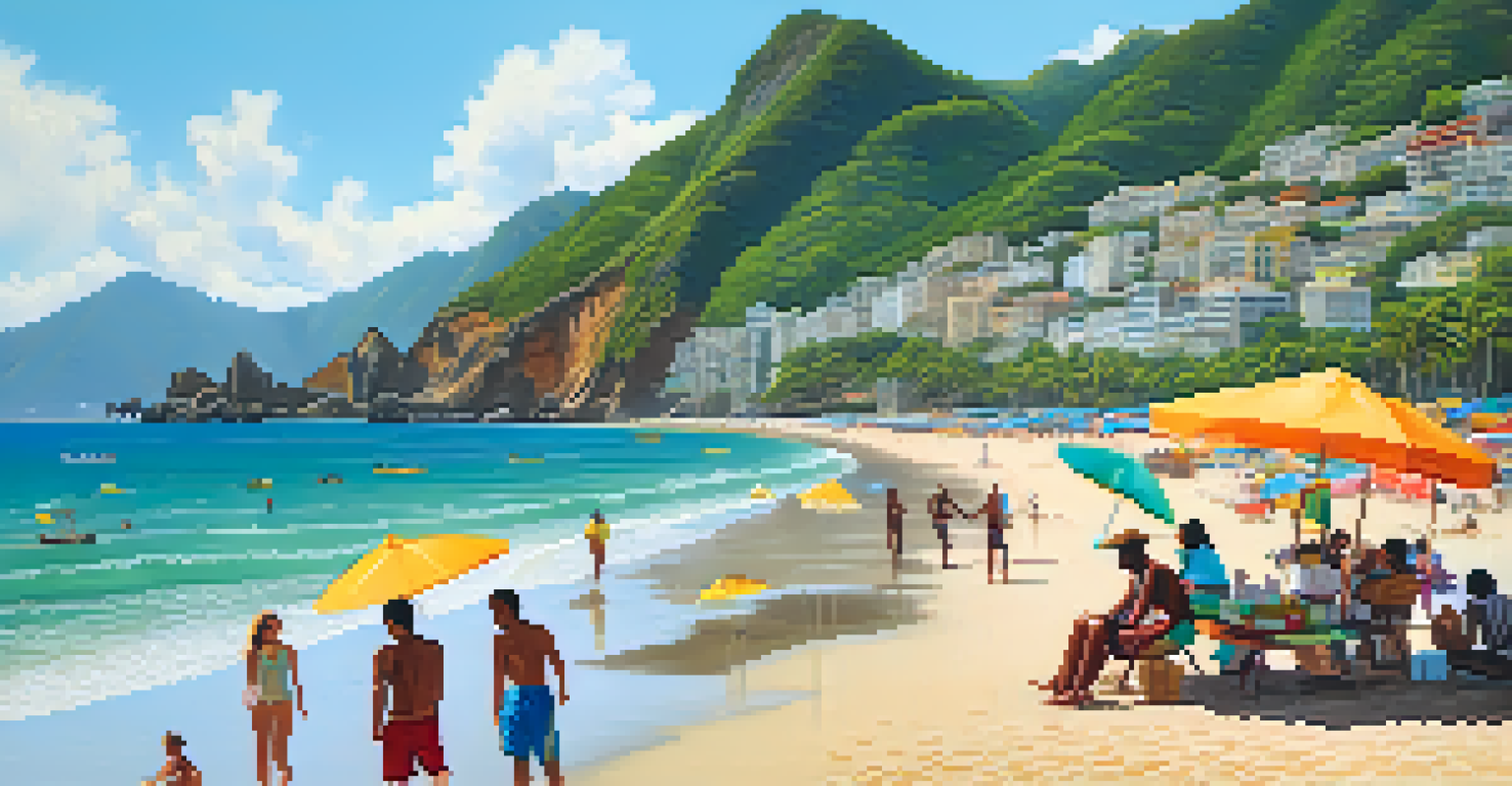 A lively beach scene at Praia do Leme with soft sands, turquoise waters, and green hills in the background.