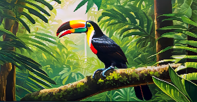 A colorful toucan sitting on a branch in the Amazon rainforest surrounded by rich green leaves and sunlight.