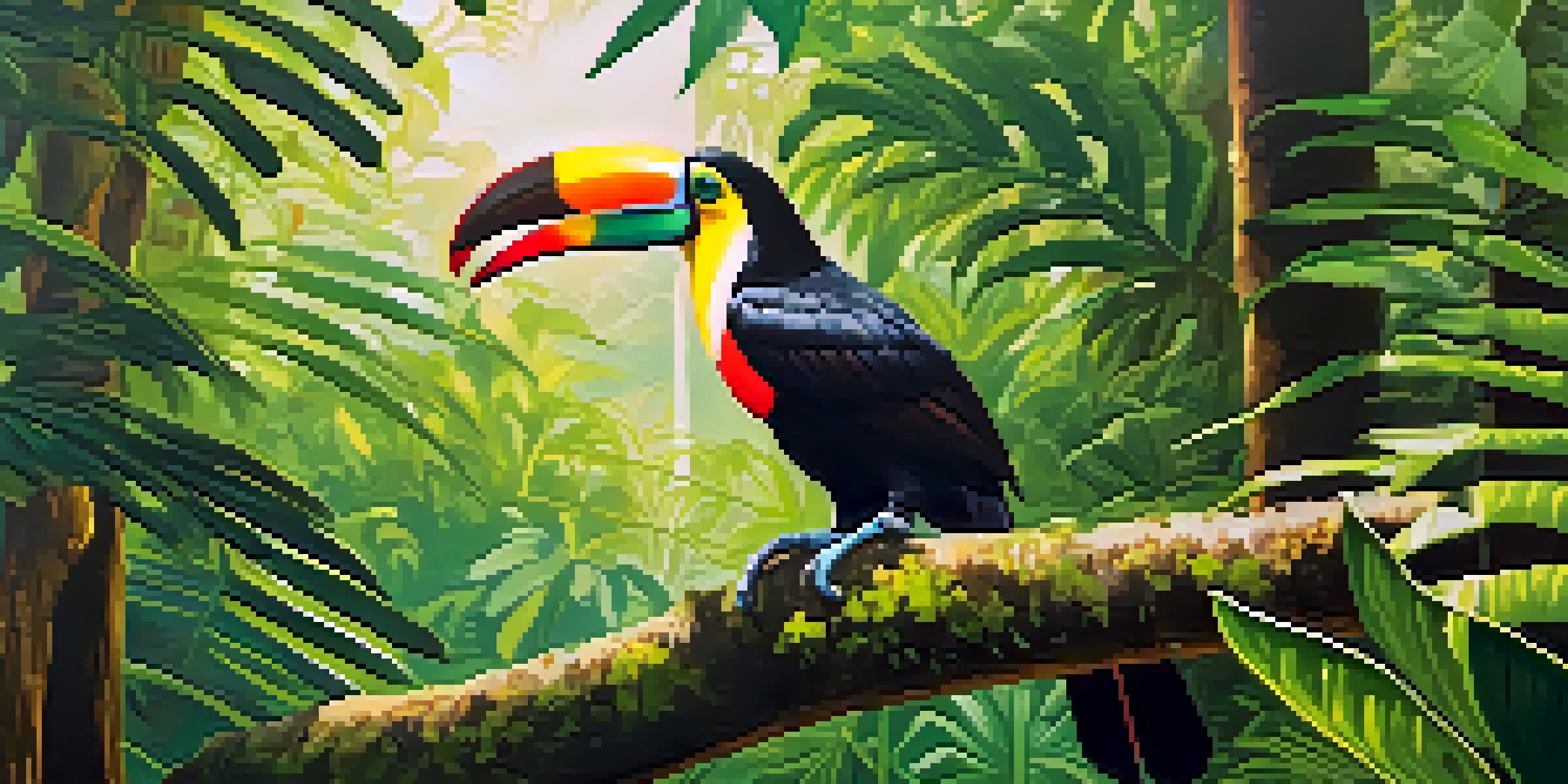 A colorful toucan sitting on a branch in the Amazon rainforest surrounded by rich green leaves and sunlight.