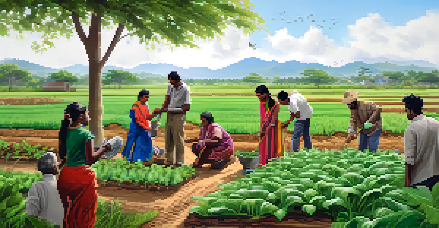 Local residents participating in sustainable farming near a wildlife corridor, illustrating community involvement in conservation efforts.