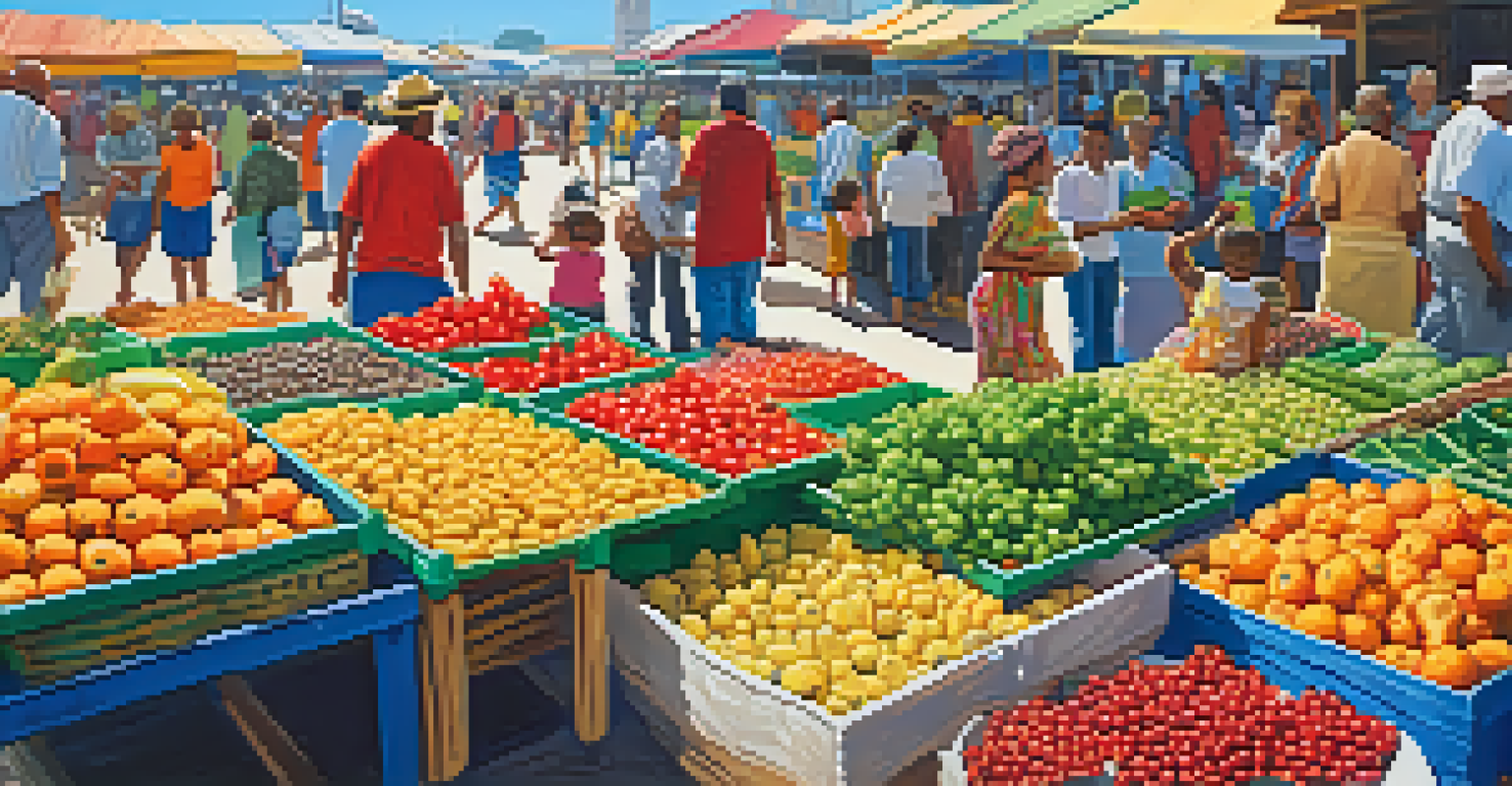 A bustling Brazilian local market with fresh produce, spices, and colorful fruits, depicting vendors and customers in a lively atmosphere.