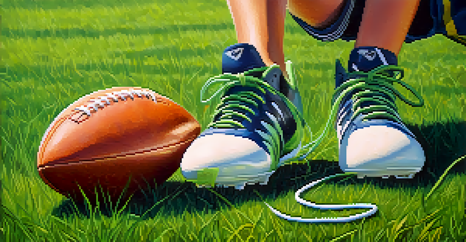 Close-up of a young athlete tying shoelaces on football boots, with a football and green field in the background.