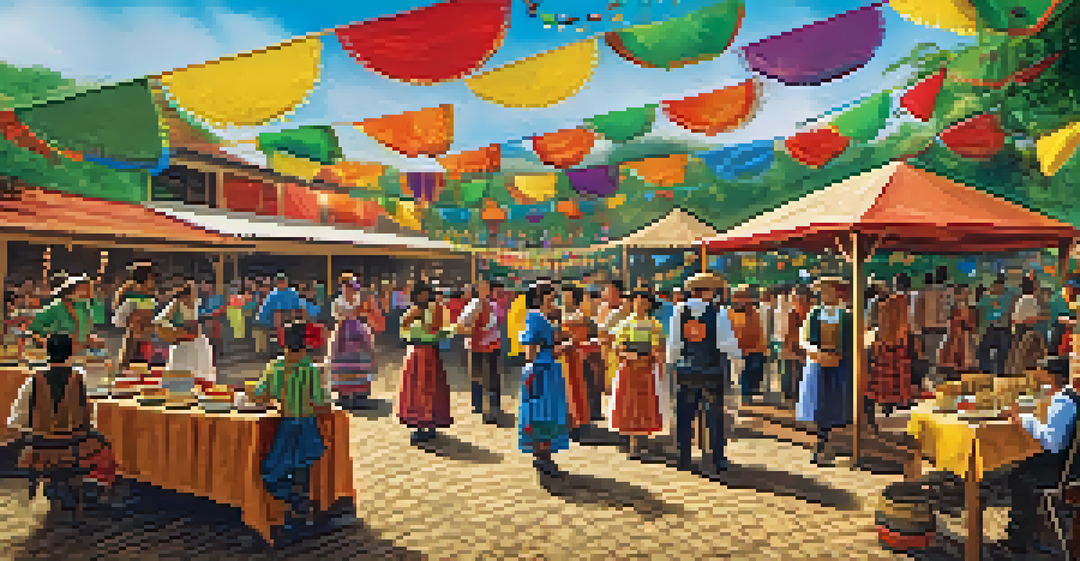 A festive outdoor gathering for Festa Junina in Brazil, decorated with colorful banners and traditional foods.
