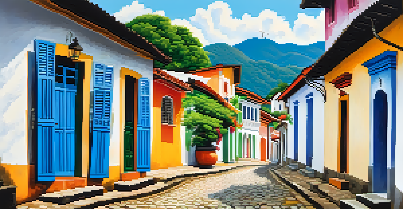 A charming view of Paraty, showcasing whitewashed buildings with colorful doors and cobblestone streets under a clear sky.