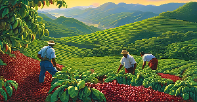 A lively scene of workers harvesting coffee cherries in a lush Brazilian plantation, with green coffee plants and red cherries under a sunny sky.