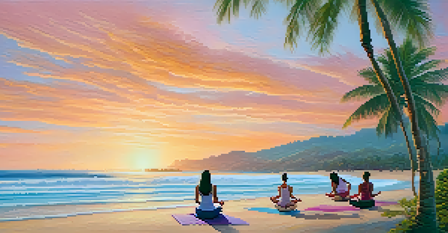 Guests practicing yoga on the beach at sunrise in Bahia, with the ocean waves and palm trees creating a tranquil atmosphere.