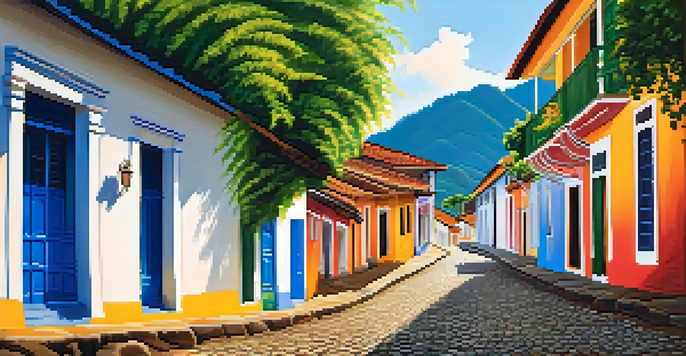 A scenic view of colorful colonial buildings and cobblestone streets in Paraty, with warm morning sunlight and locals walking.