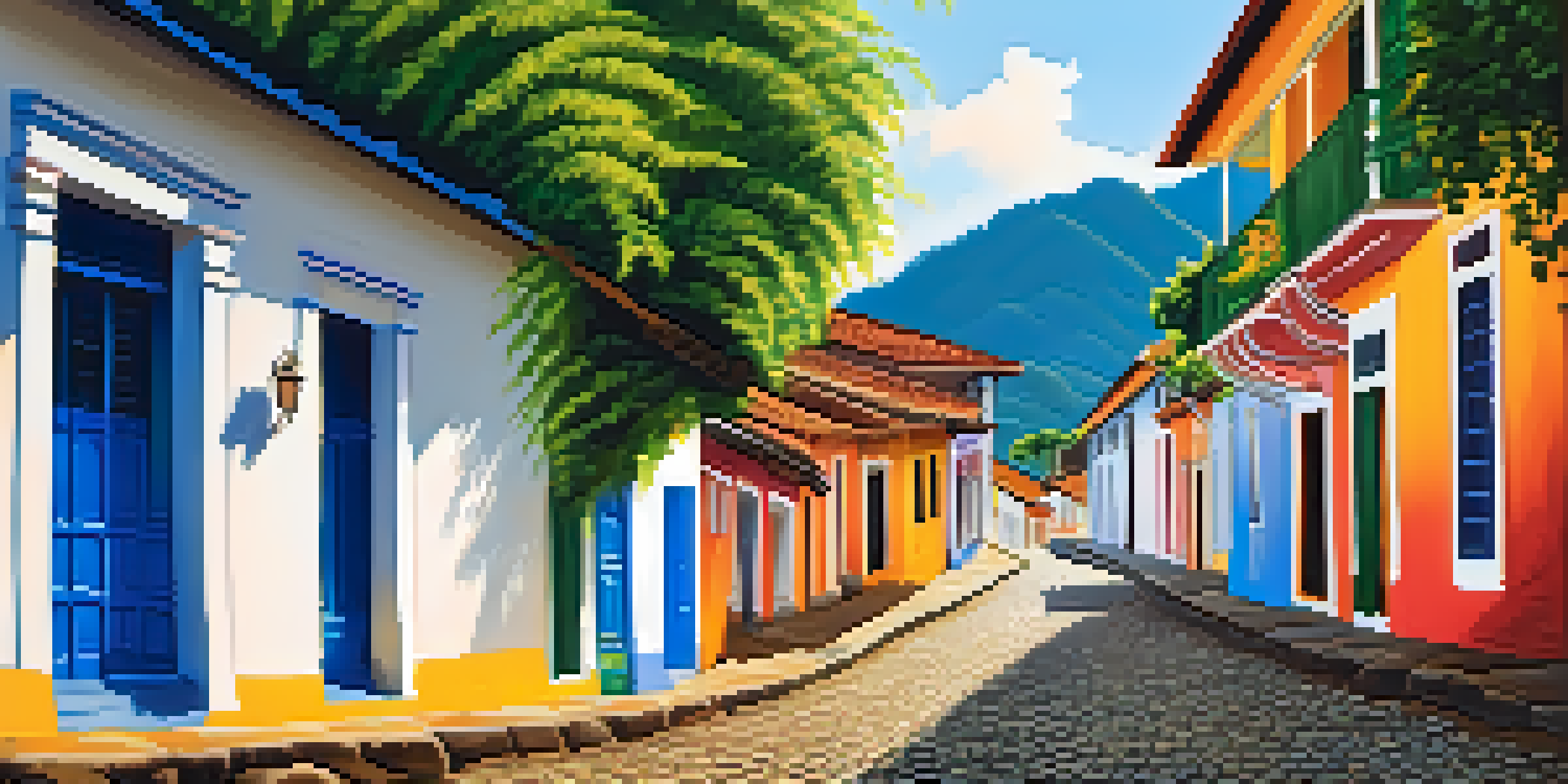 A scenic view of colorful colonial buildings and cobblestone streets in Paraty, with warm morning sunlight and locals walking.