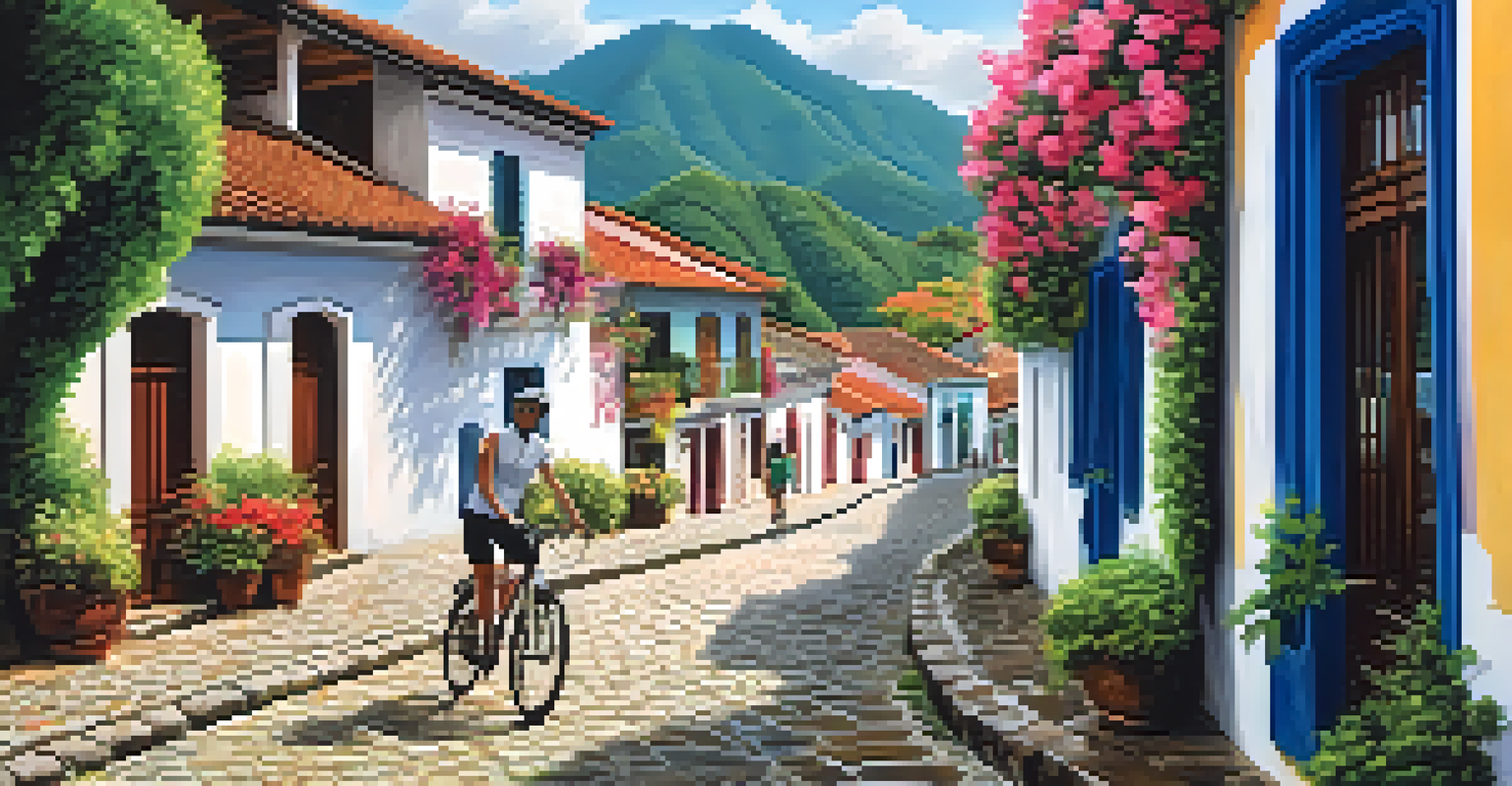A cyclist riding through the cobblestone streets of Paraty, with colonial buildings and mountains in the background.