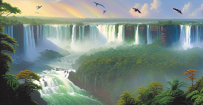 A wide-angle view of Iguazu Falls with cascading water and vibrant rainforest surrounding it, featuring toucans in the foreground.