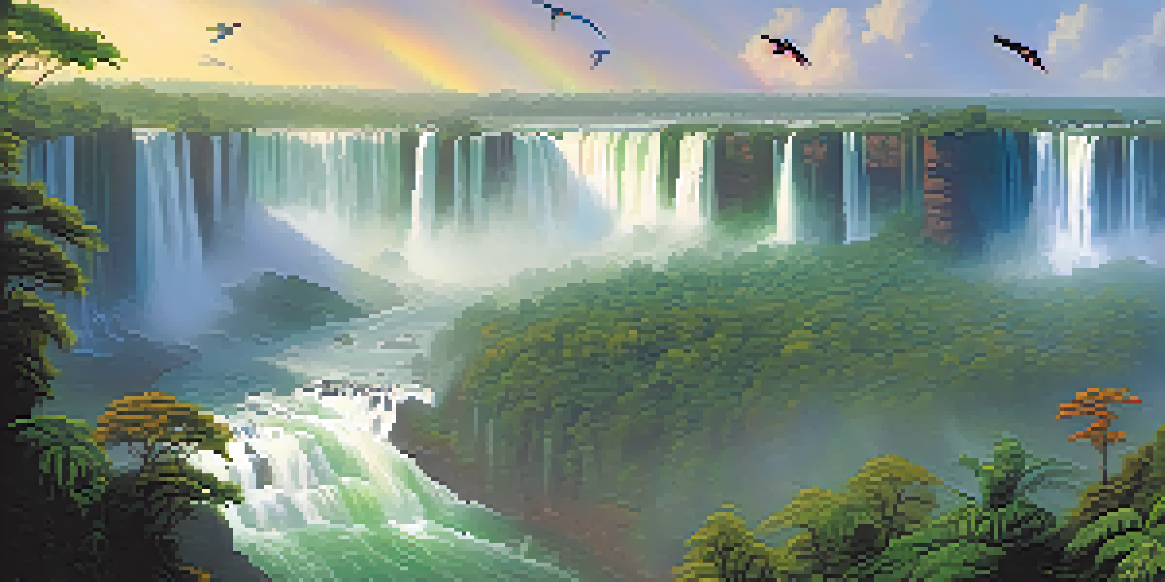 A wide-angle view of Iguazu Falls with cascading water and vibrant rainforest surrounding it, featuring toucans in the foreground.