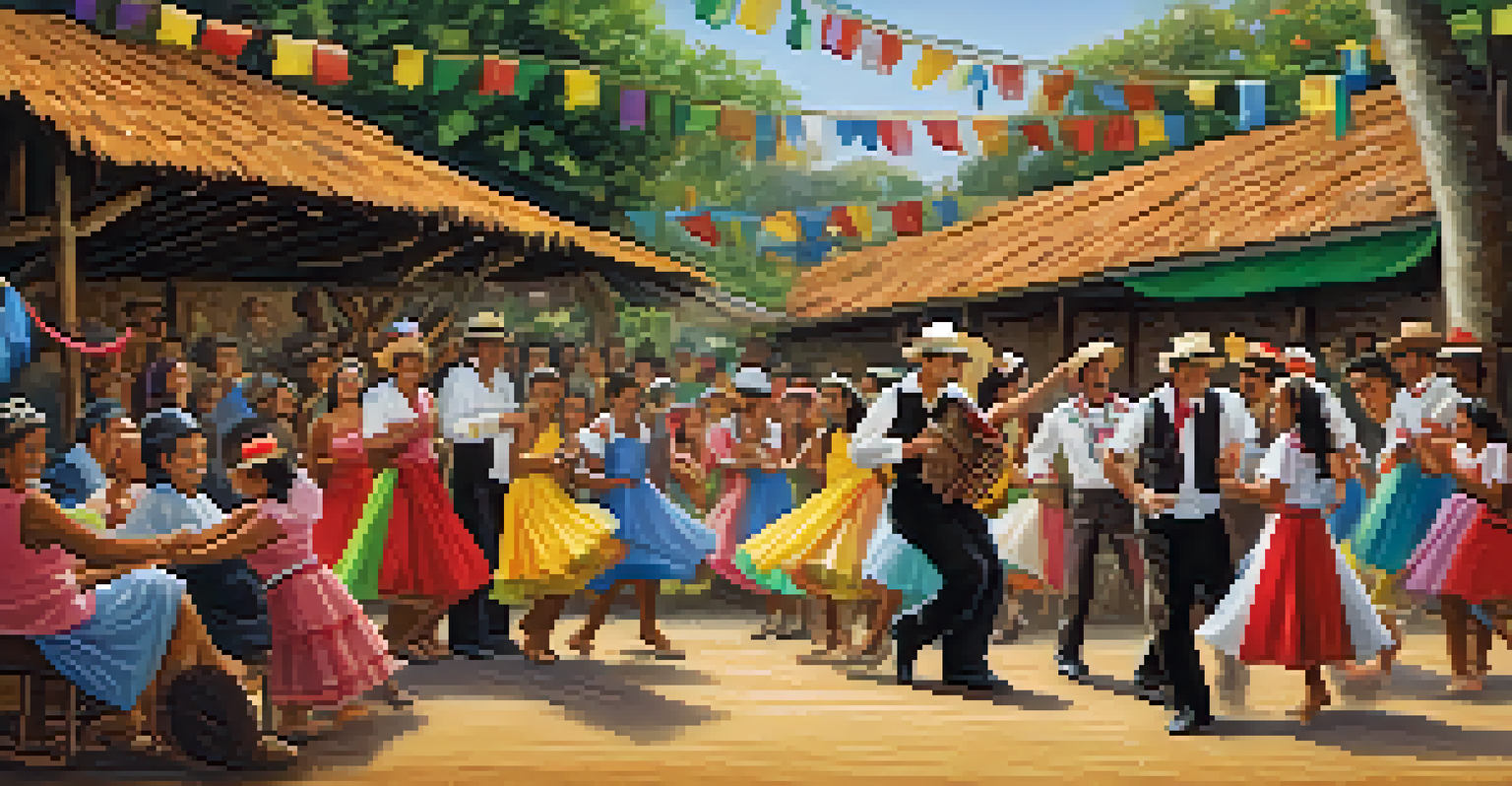 People of different ages dancing forró in a rustic setting, with an accordion player in the background, showcasing community and joy.