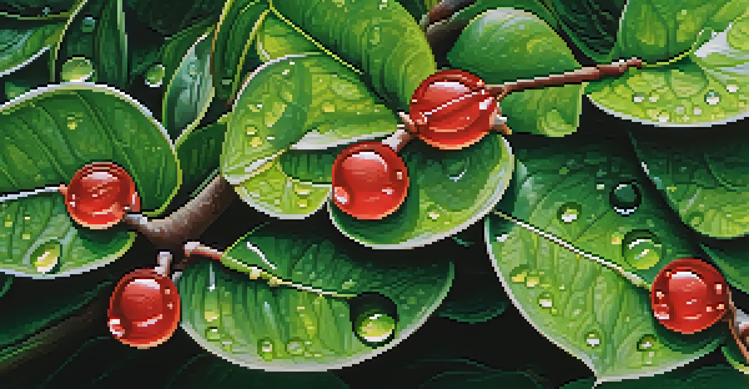 A close-up of Guaraná plant leaves and seeds with dew droplets, showcasing the intricate textures and vibrant colors in soft morning light.