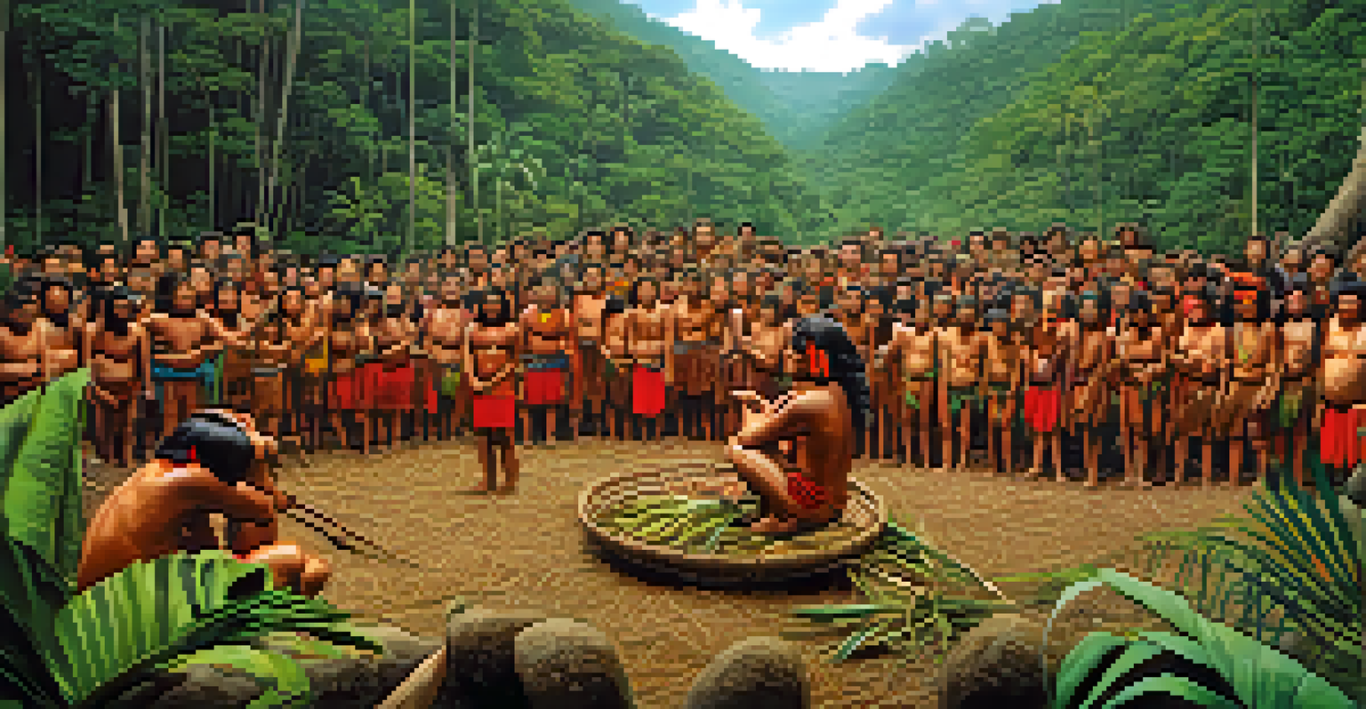 Yanomami people in traditional attire engaged in hunting activities with a lush Amazon landscape in the background.