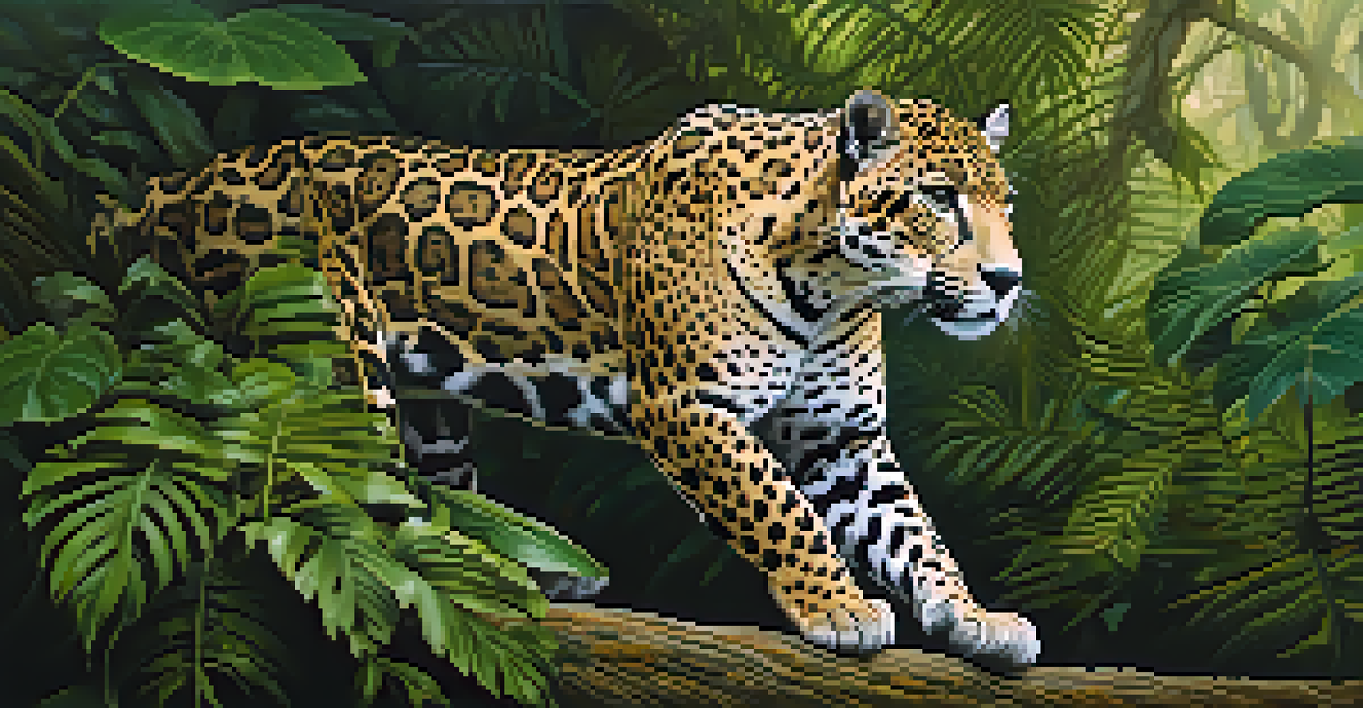 A jaguar moving through a lush Atlantic Forest, surrounded by trees and soft light, showcasing its beautiful fur patterns.