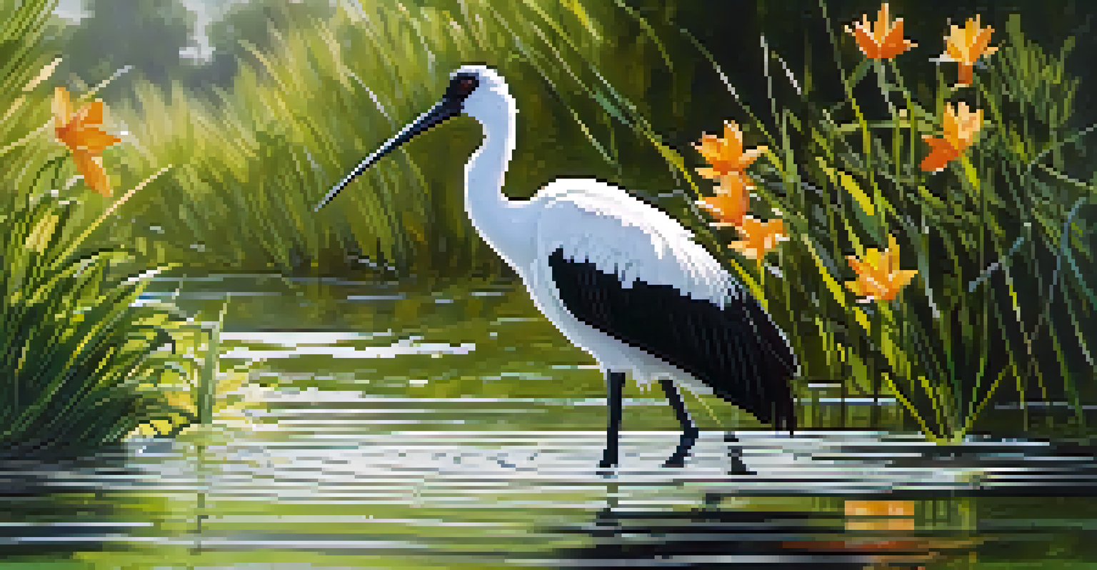 A jabiru stork standing in shallow water, surrounded by greenery and flowers, as it hunts for fish.
