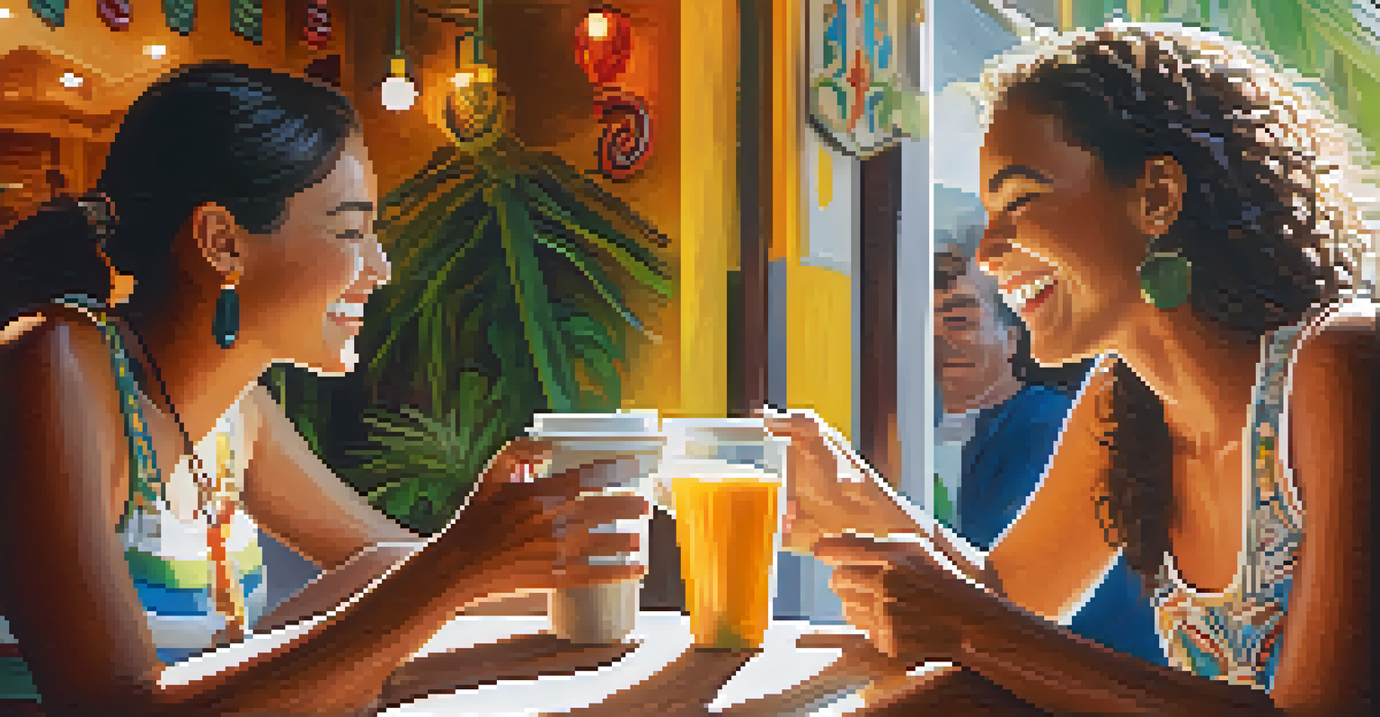Two friends in a Brazilian café, smiling and greeting each other amidst a lively atmosphere with coffee cups and colorful decorations.