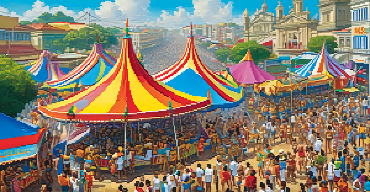 Aerial view of Carnival in Brazil with colorful revelers in costumes, food stalls selling coxinha and pastéis, and vibrant floats under a clear blue sky.