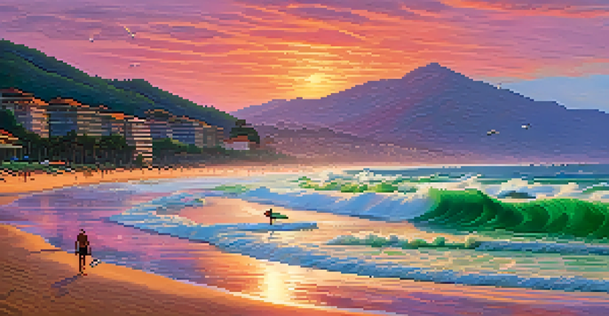 A picturesque sunset at Praia de Maresias with surfers riding powerful waves and colorful beach umbrellas along the shore.