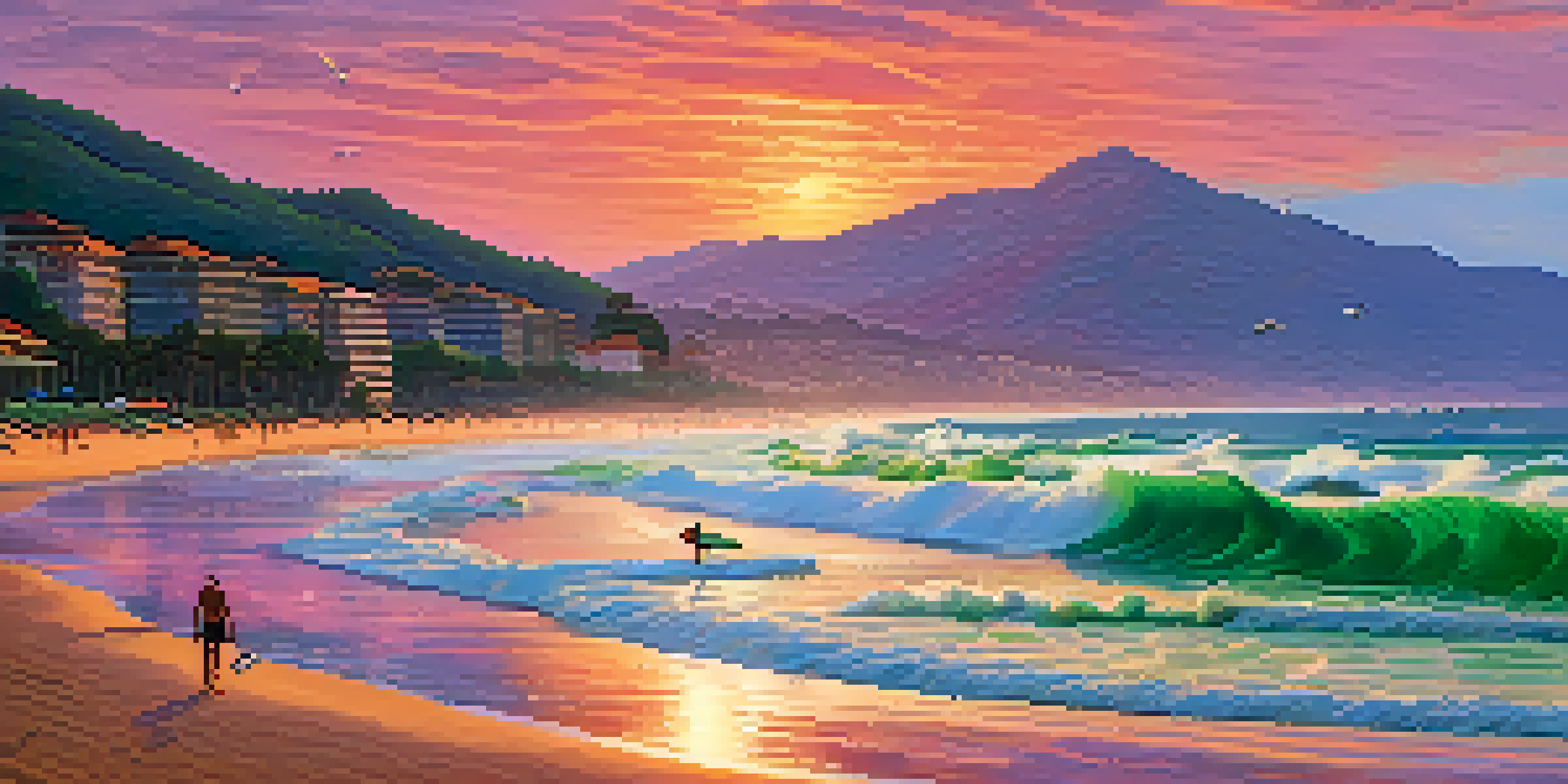 A picturesque sunset at Praia de Maresias with surfers riding powerful waves and colorful beach umbrellas along the shore.