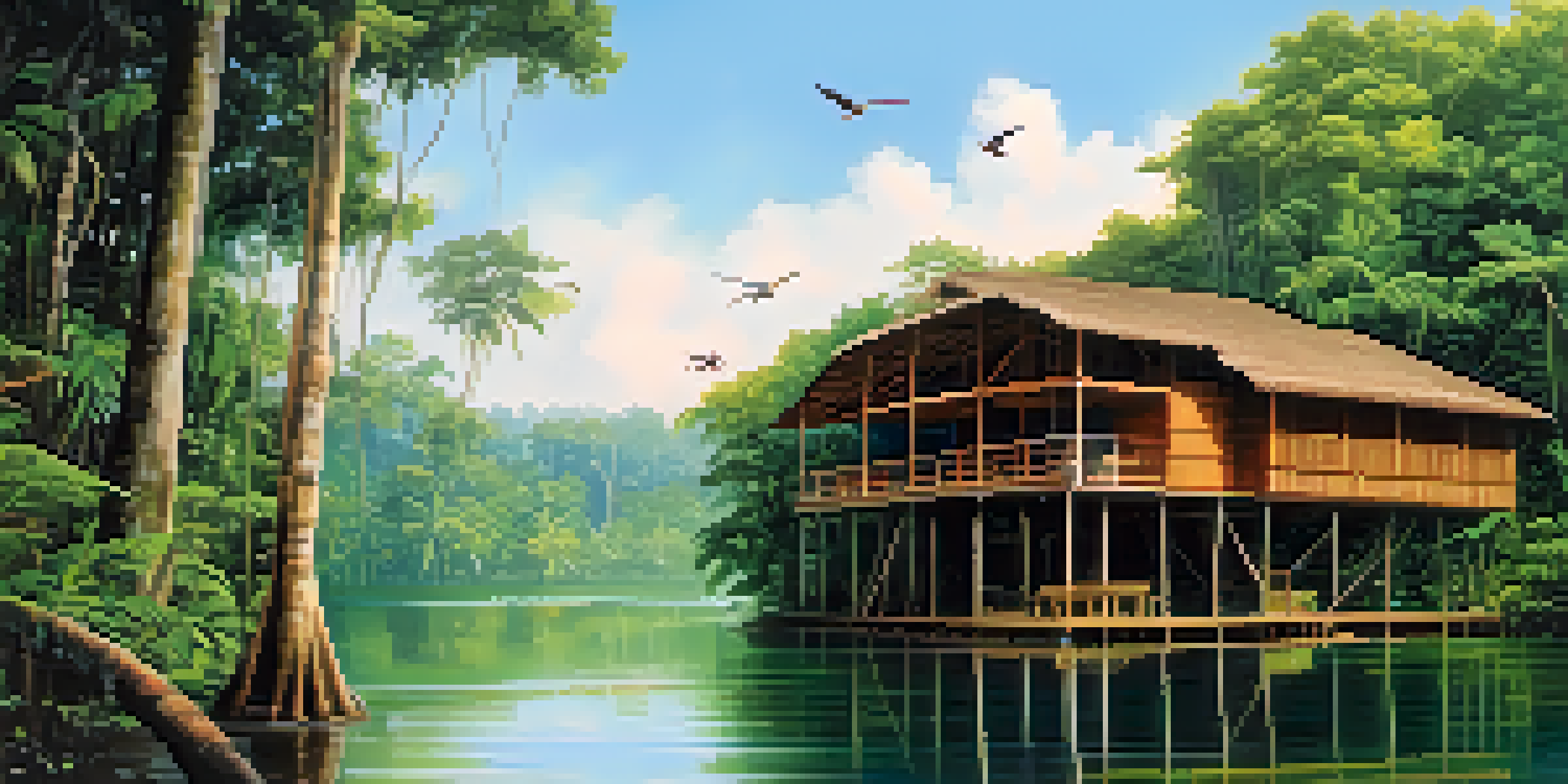 An Amazon ecotourism lodge on stilts amidst dense rainforest, with colorful birds in flight and a river flowing nearby.