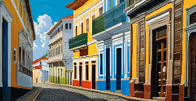A lively street in Pelourinho, Salvador, with colorful colonial buildings and street performers, creating a vibrant cultural atmosphere.