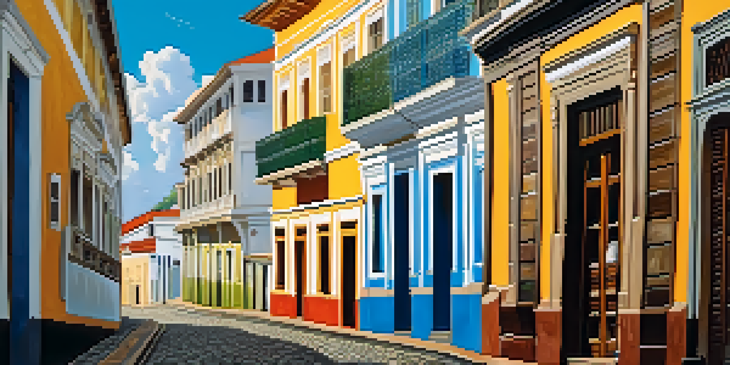 A lively street in Pelourinho, Salvador, with colorful colonial buildings and street performers, creating a vibrant cultural atmosphere.