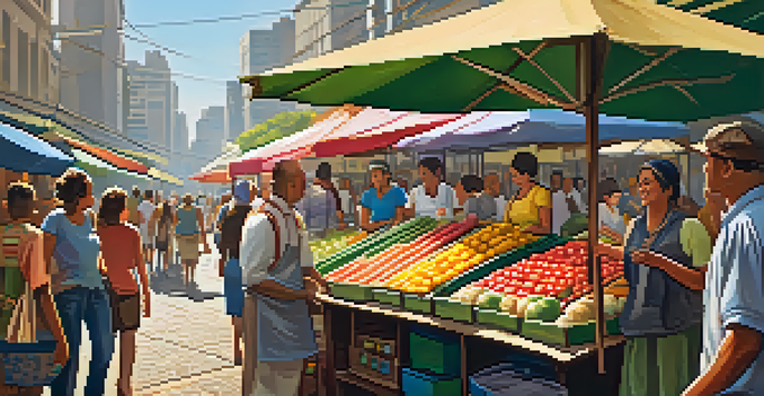 A colorful street market in São Paulo with diverse people shopping and a vendor displaying a large mortadella sandwich.