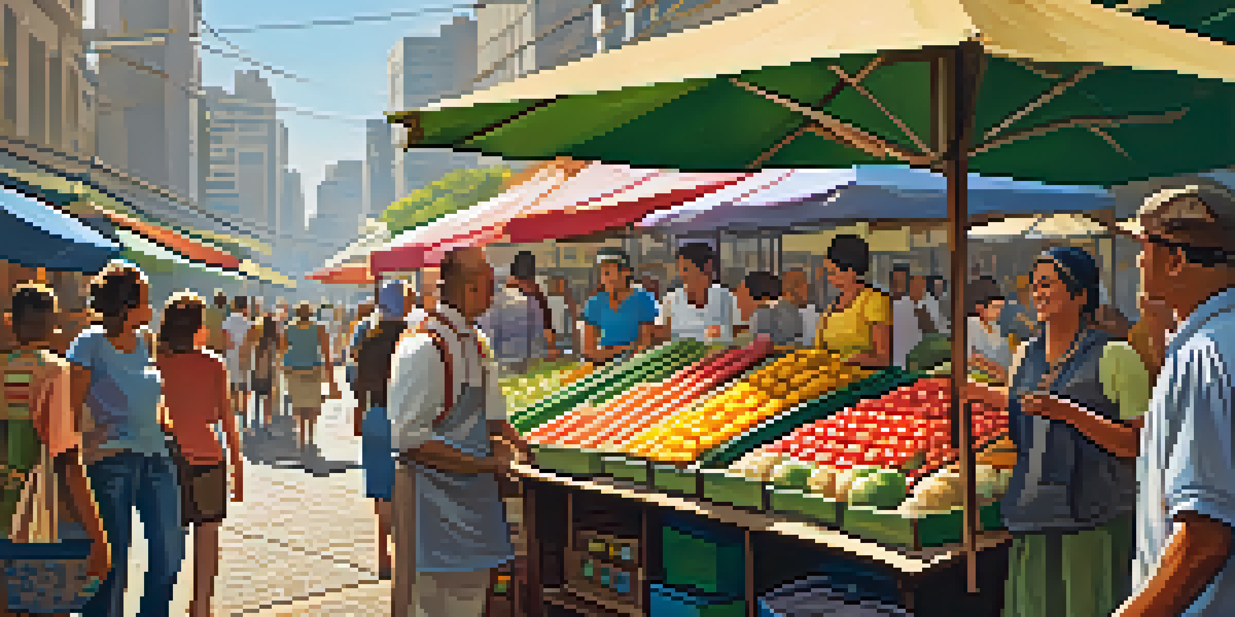 A colorful street market in São Paulo with diverse people shopping and a vendor displaying a large mortadella sandwich.