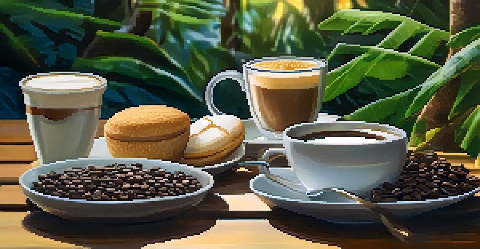 A cozy coffee tasting scene with small cups of Brazilian coffee and local treats on a wooden table, illuminated by soft lighting.