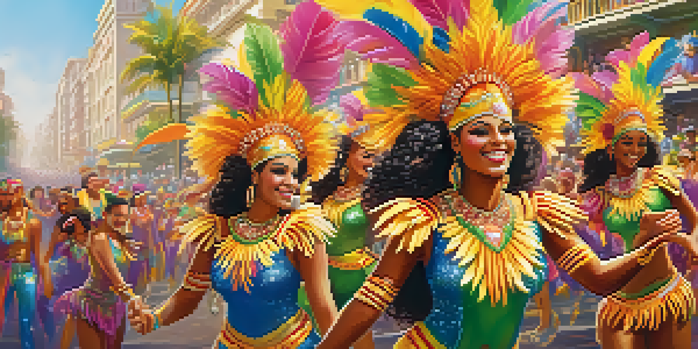 A lively street scene at the Rio Carnival with samba dancers in colorful costumes, decorated floats, and enthusiastic crowds.