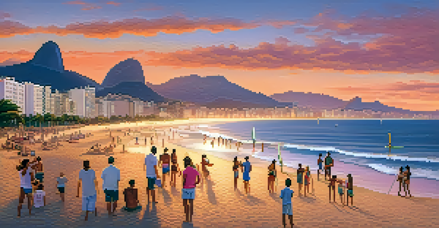 A scenic sunset at Ipanema Beach, with families engaging in beach activities and enjoying the vibrant atmosphere.