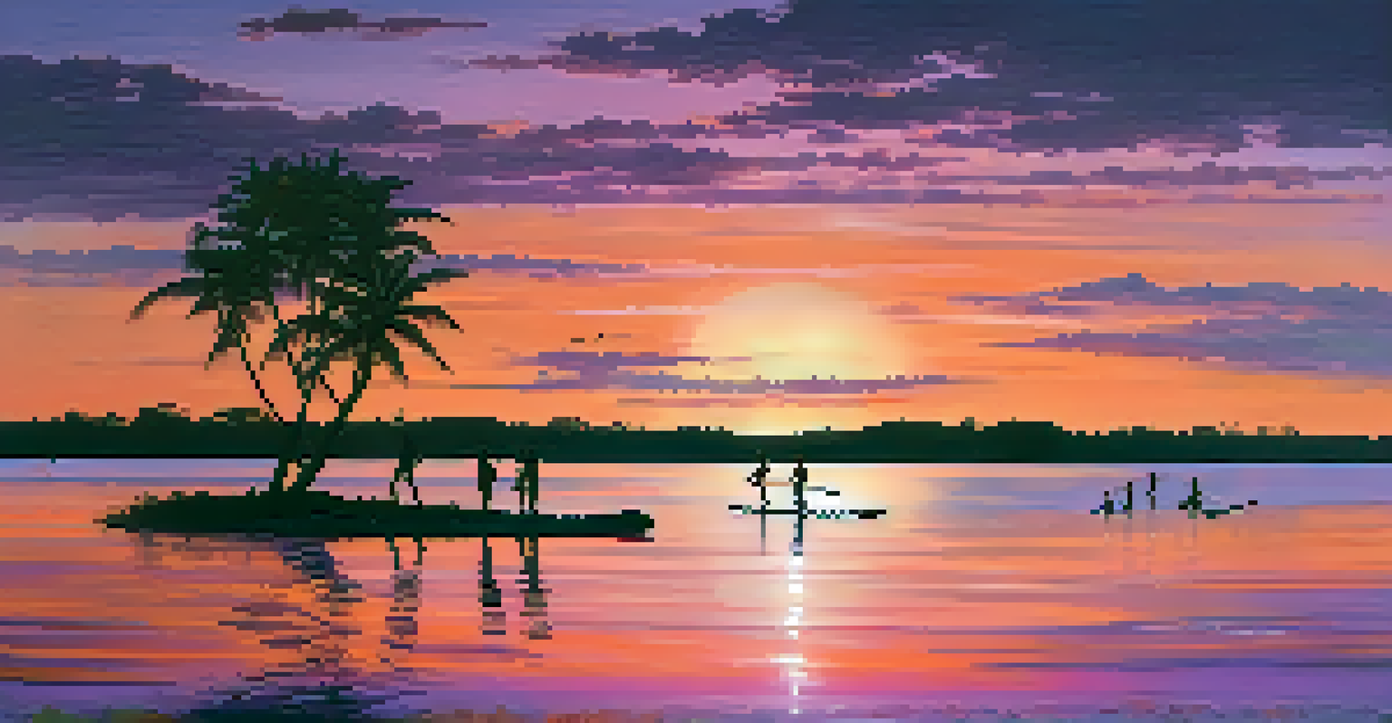 Stand-up paddleboarders at sunset on Lagoa do Mundaú with colorful sky reflections.